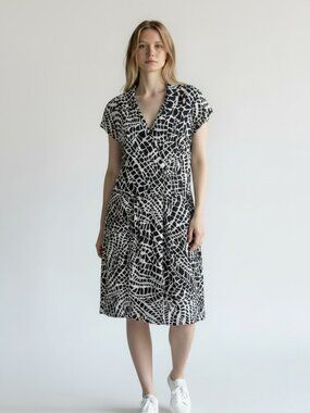 Vintage Dress Size 12 Black White Animal Print Sleeveless Collared Bamboo Blend